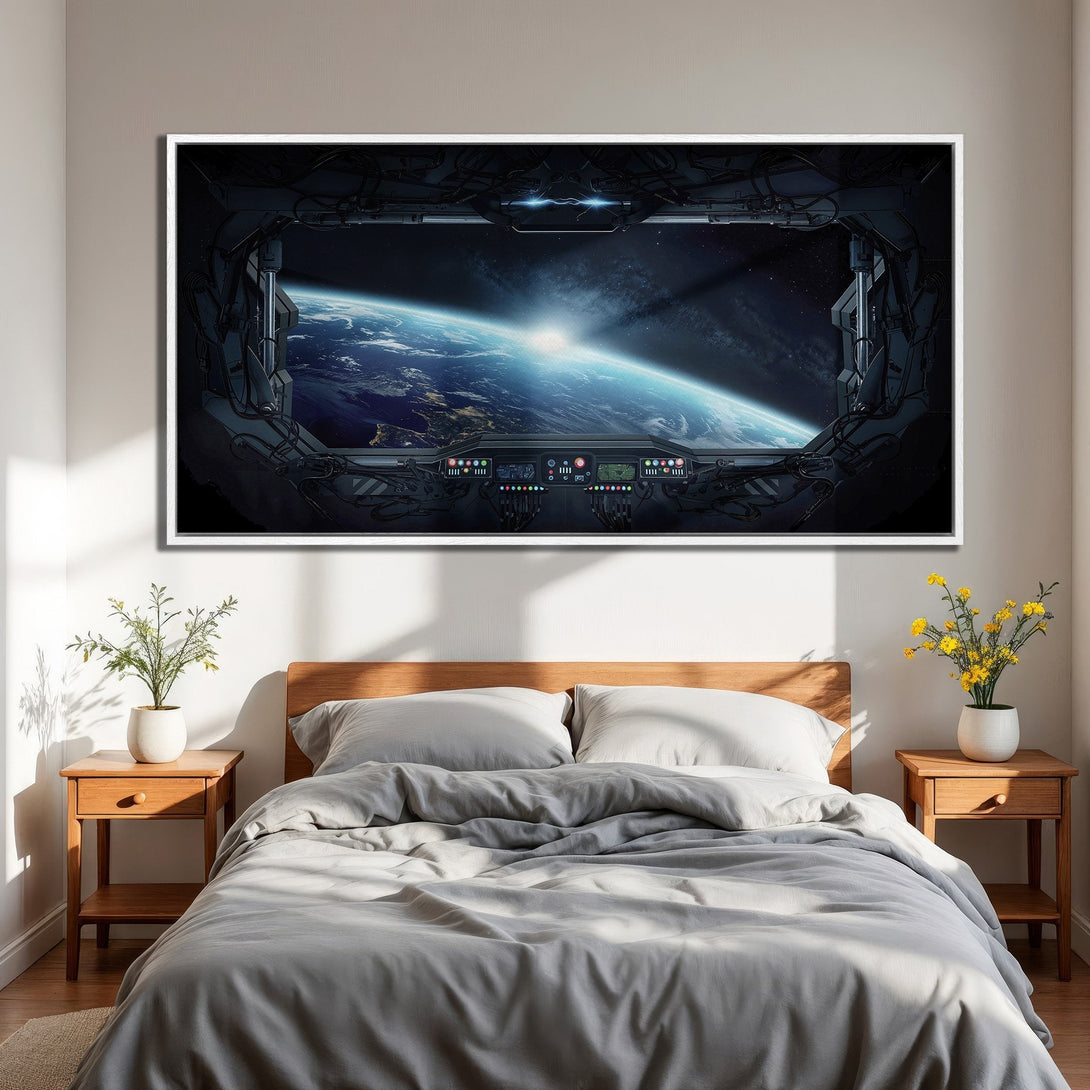 Framed Wall Art: Futuristic space view canvas print with blue, black, and white color palette. Perfect for a bedroom!
