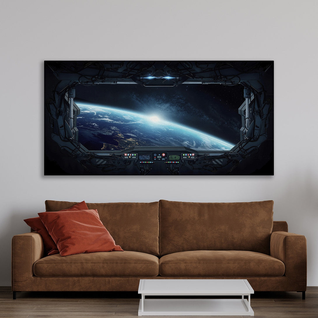 Framed Wall Art: Sci-fi space view Canvas Print in a modern living room. Features a blue and black palette with a gold frame. Perfect for home decor.