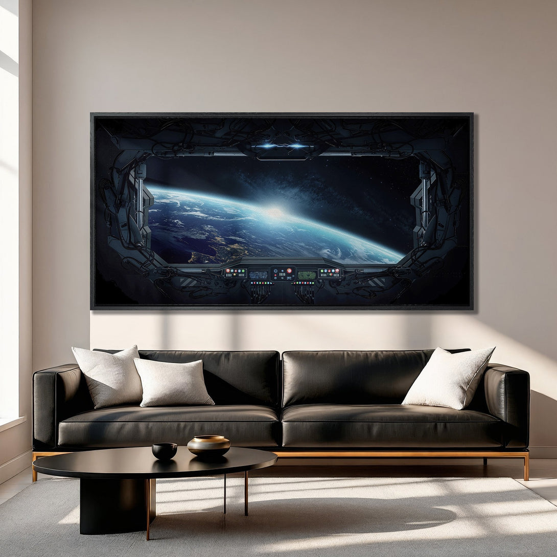 Framed Wall Art: Sci-fi space view Canvas Print in blue, black, and beige. Modern interior decor featuring a futuristic space station window.