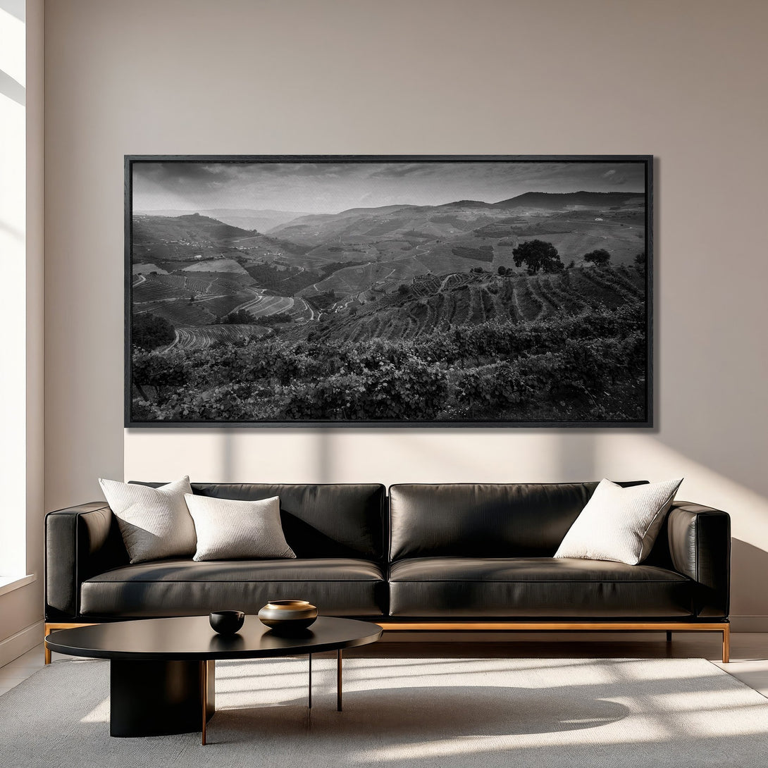 Framed Wall Art: Black and white landscape Canvas Print. Modern art in a minimalist interior. Featuring rolling hills and vineyards. Perfect home decor.