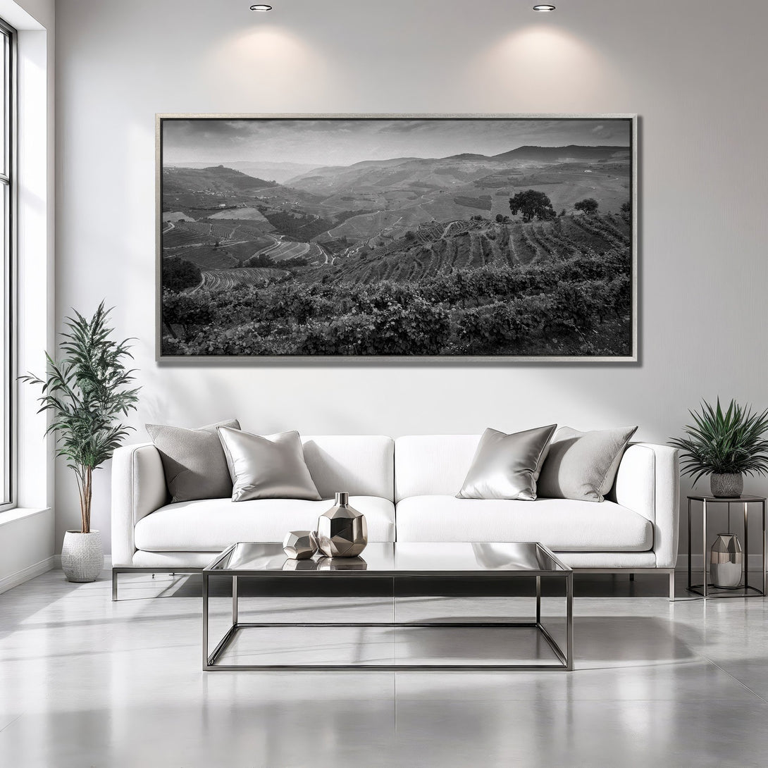 Framed Wall Art: Black and white landscape Canvas Print adds a touch of elegance to any room. Monochrome art for modern home decor.