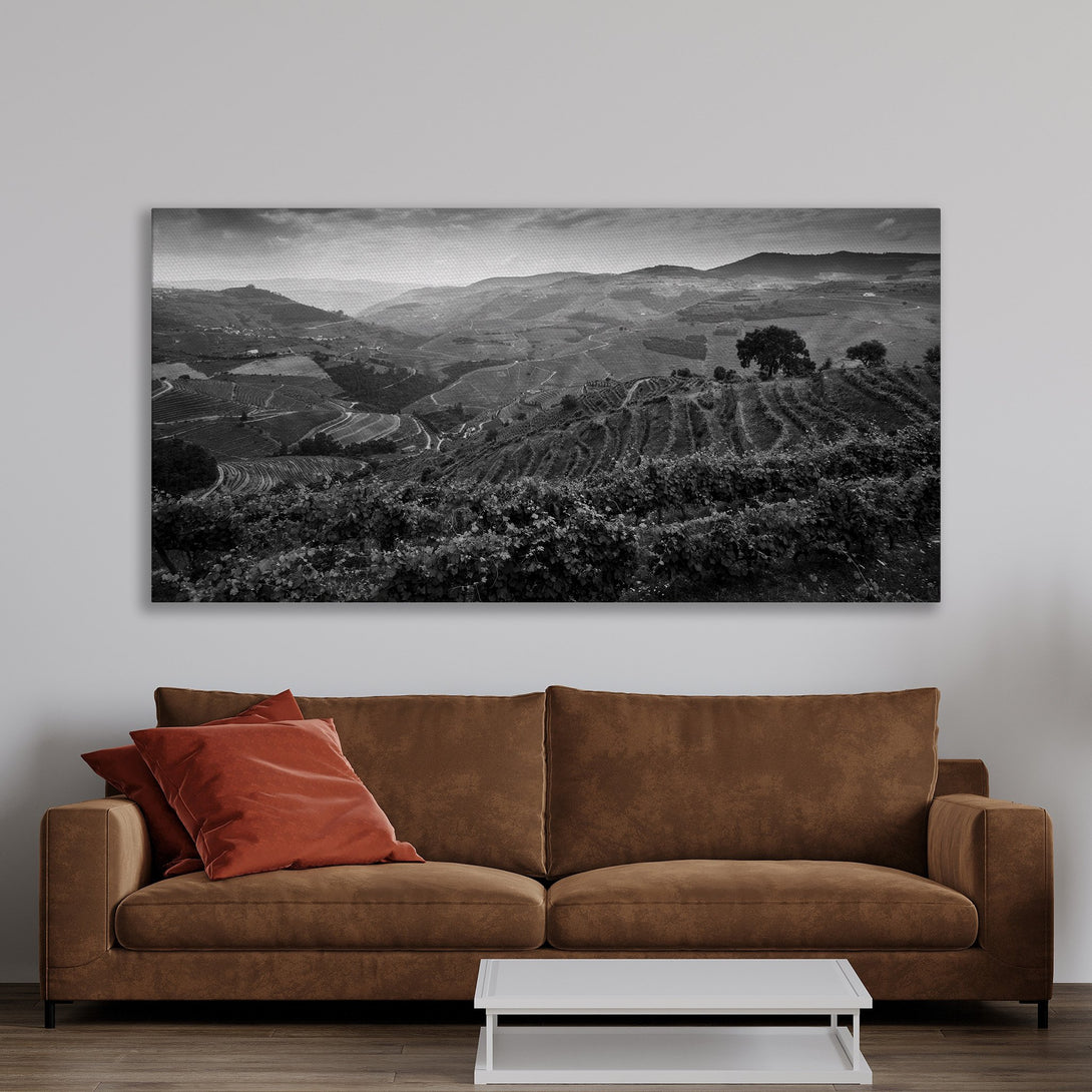 Framed Wall Art: Black and white landscape Canvas Print with gold frame, perfect for modern home decor. Earth tone color palette.