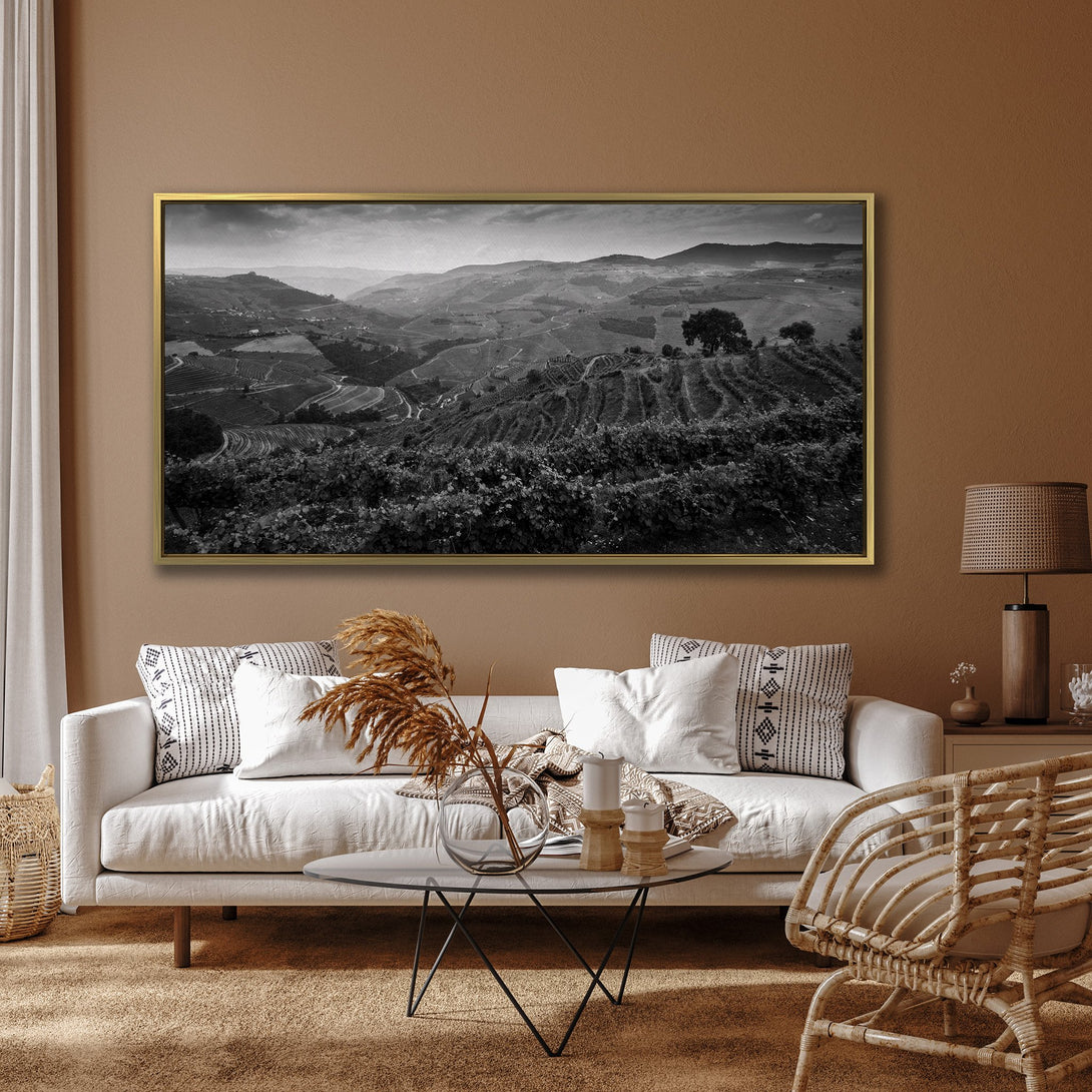 Black and white Canvas Print of a vineyard landscape. Modern wall art with a neutral color palette, perfect for any interior design.