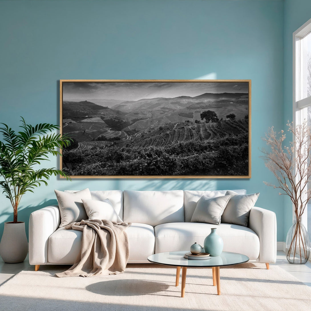 Framed Wall Art: Black and white landscape Canvas Print, perfect for modern living rooms. Neutral color palette with a pop of teal.