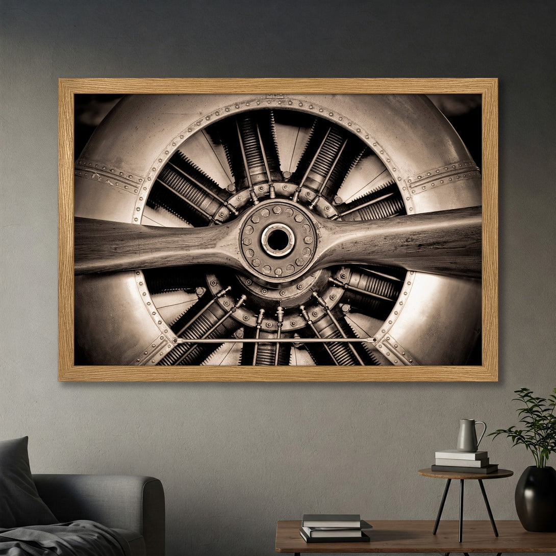 Framed Poster of vintage airplane engine propeller, sepia tones. Industrial art style, perfect for home decor.