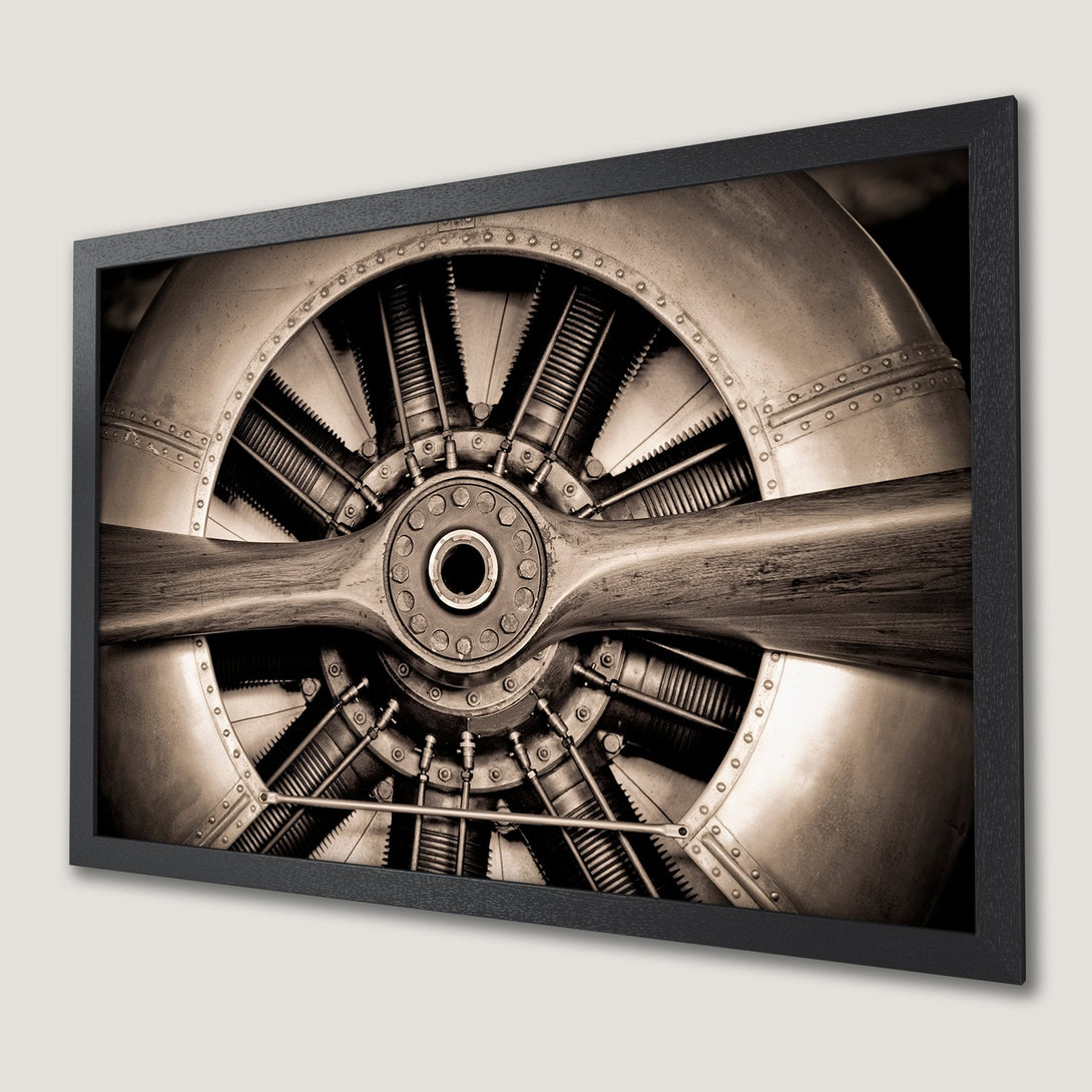 Framed Poster of vintage airplane engine detail in sepia tones. Industrial art style, perfect for aviation enthusiasts.