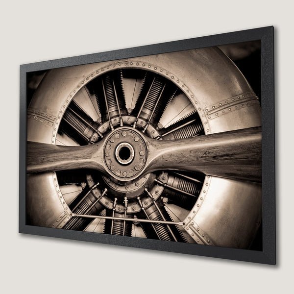 Framed Poster of vintage airplane engine detail in sepia tones. Industrial art style, perfect for aviation enthusiasts.