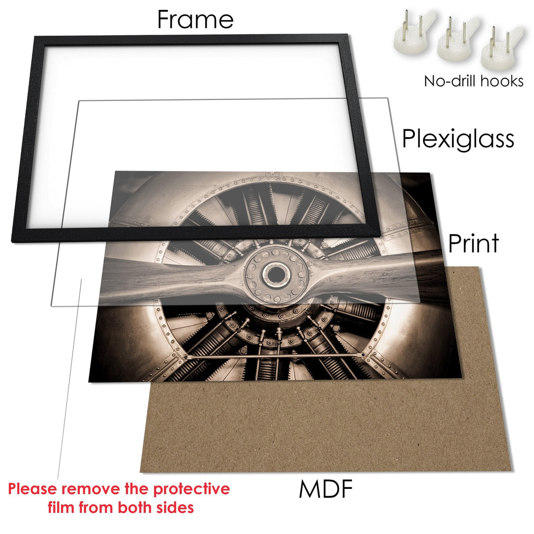 Framed Poster featuring a vintage airplane engine in sepia tones. Perfect aviation art for your home or office.