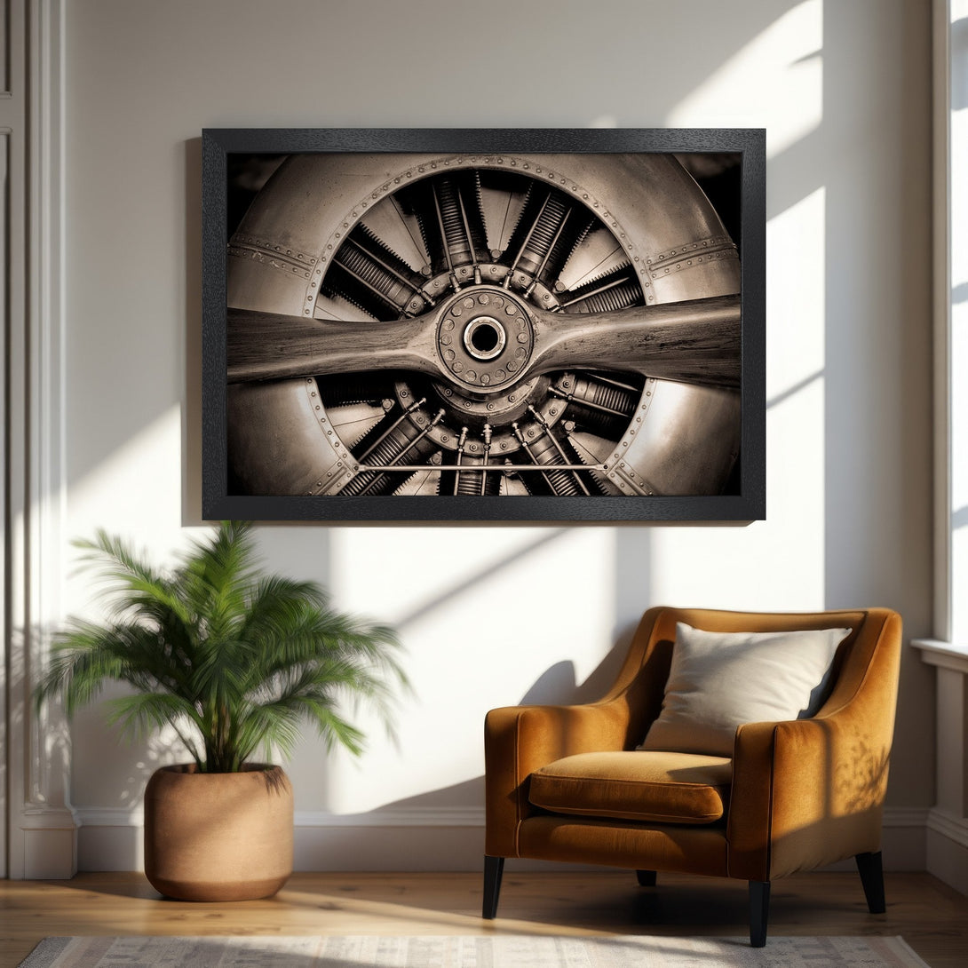 Framed Poster featuring a vintage airplane propeller. Sepia tones and industrial style art for home decor.