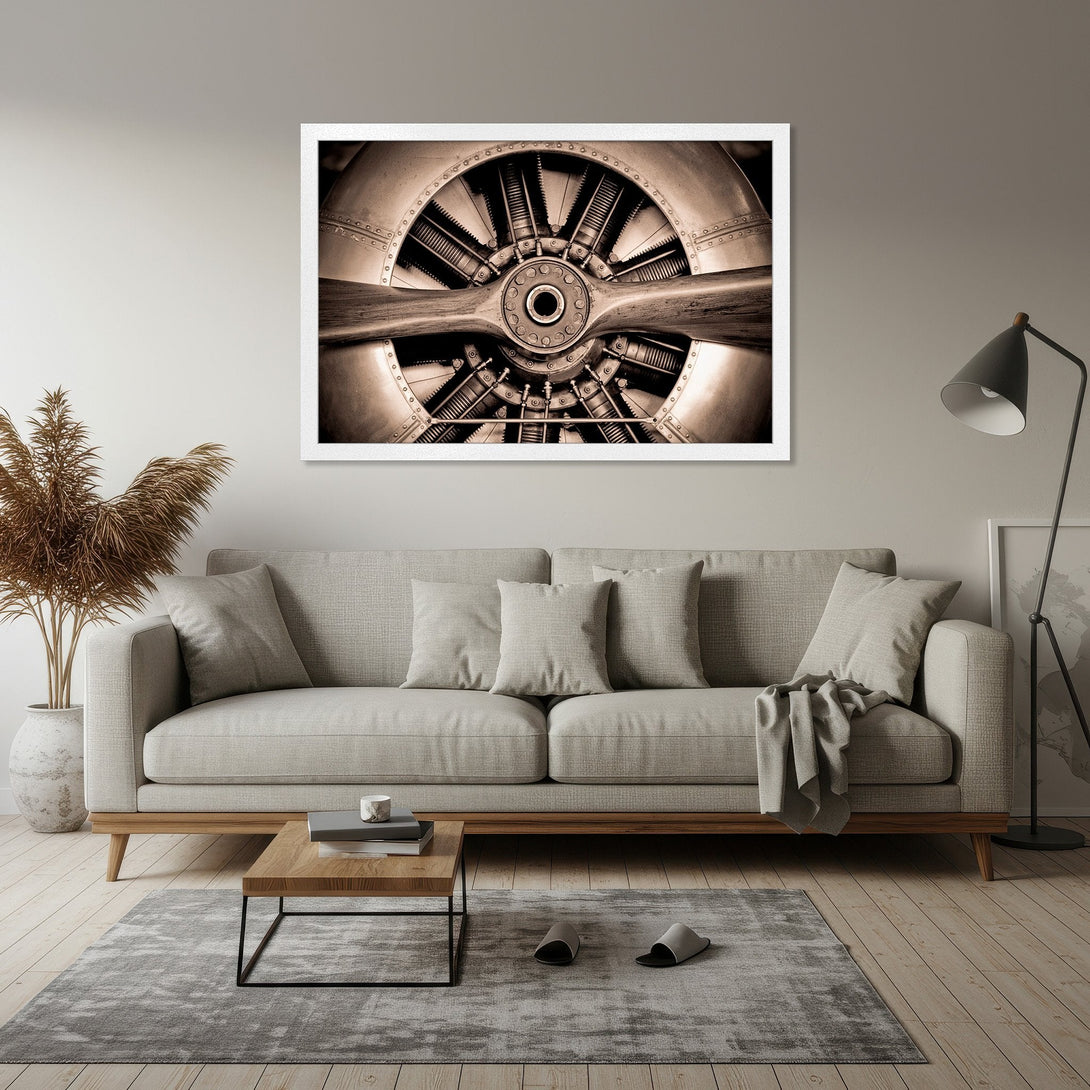Framed Poster of an airplane engine, sepia tones. Industrial art print for modern home decor.