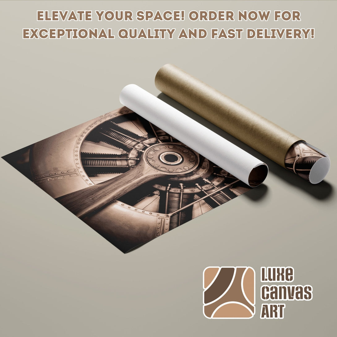 Vintage airplane propeller Poster Roll in sepia tones. Elevate your space with exceptional quality art!