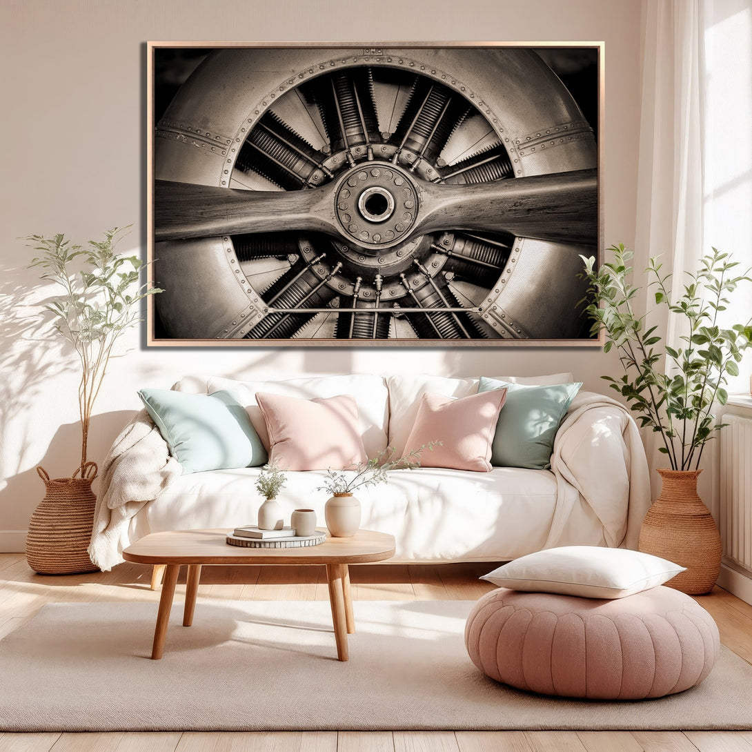 Framed Wall Art: Vintage airplane engine canvas print in sepia tones. Industrial style art with a neutral color palette, perfect for modern home decor.