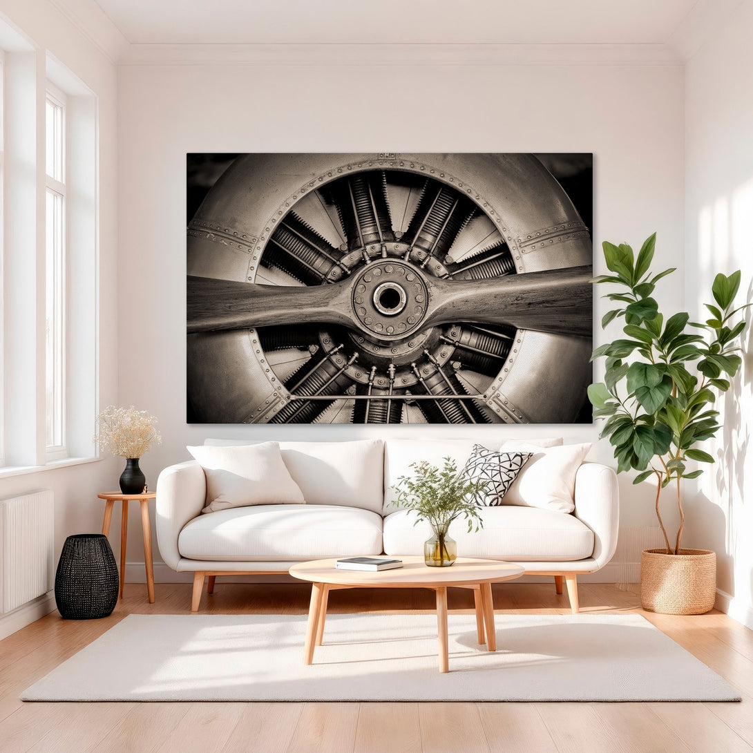Framed Wall Art: Vintage airplane engine canvas print in sepia tones. Industrial decor for a modern living room. Add aviation art to your home!