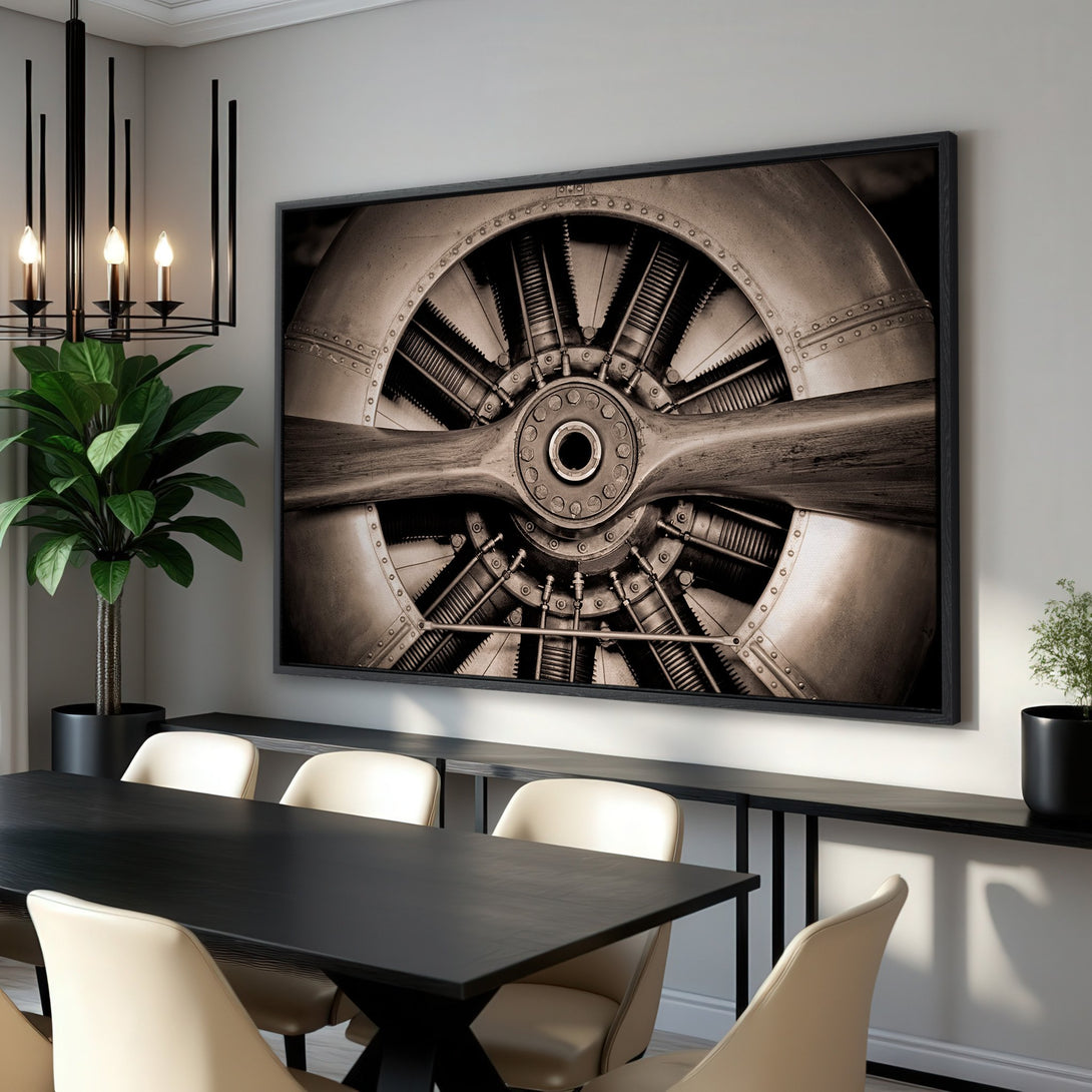 Framed Wall Art: Vintage airplane engine canvas print in sepia tones. Industrial style wall decor perfect for a modern dining room.