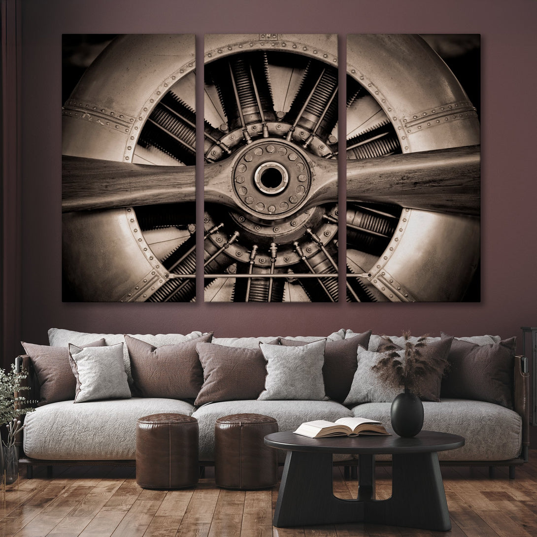 Canvas Print of vintage airplane propeller, sepia tones, industrial style wall art for modern home decor.