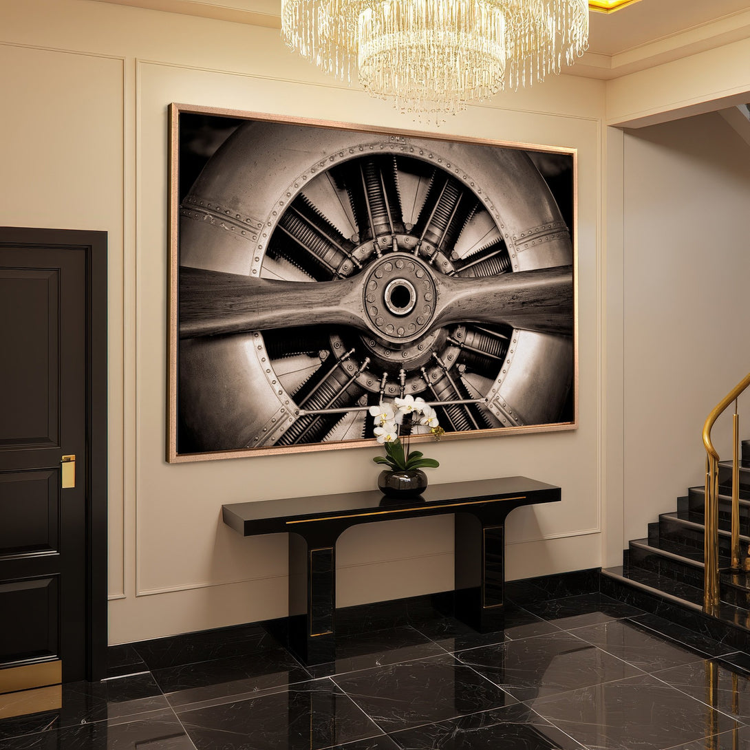 Framed Wall Art: Vintage airplane propeller in sepia tones. Adds industrial chic to any space. Perfect for modern or classic decor.