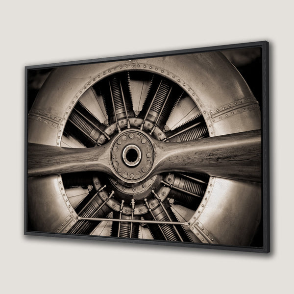 Framed Wall Art: Vintage airplane engine close-up in sepia tones. Industrial decor Canvas Print adds a unique, retro touch to any space.