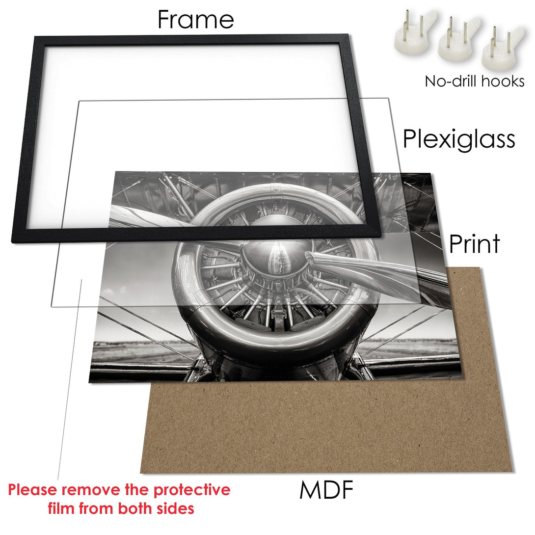 Framed Poster of vintage airplane engine in black and white. Perfect wall art for aviation enthusiasts!