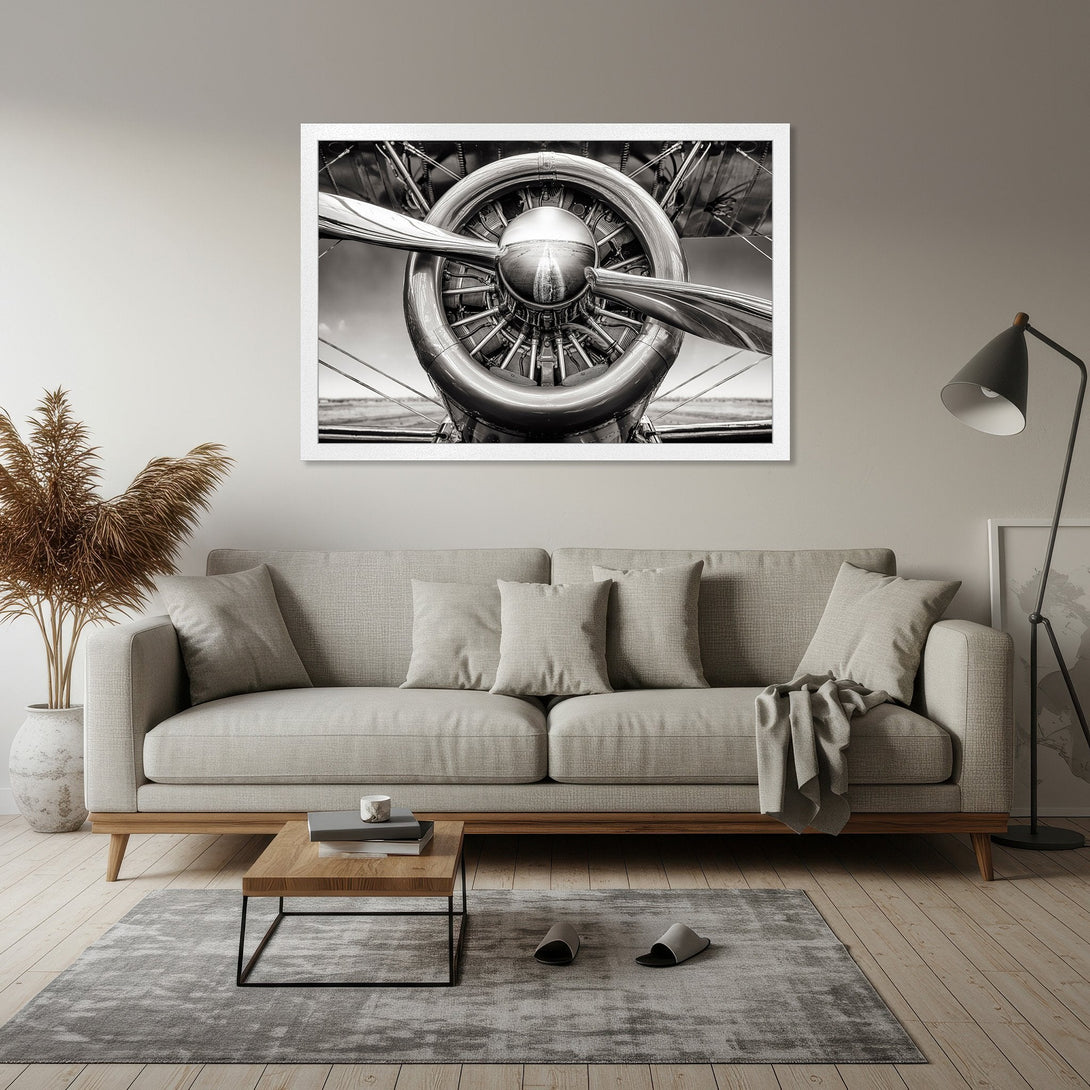 Framed Poster of airplane propeller in black and white, perfect for aviation enthusiasts. Modern, minimalist style.