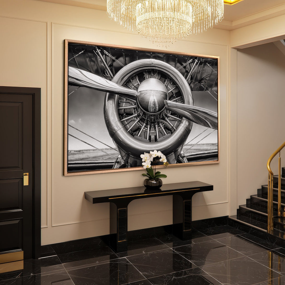 Framed Wall Art: Vintage airplane propeller. Stunning black and white Canvas Print adds a touch of aviation history to any space. Modern decor.