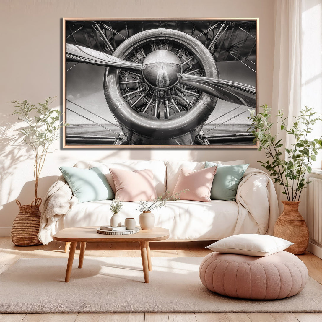 Framed Wall Art: Stunning black and white airplane propeller canvas print. Modern industrial style, neutral palette, perfect for living room decor.