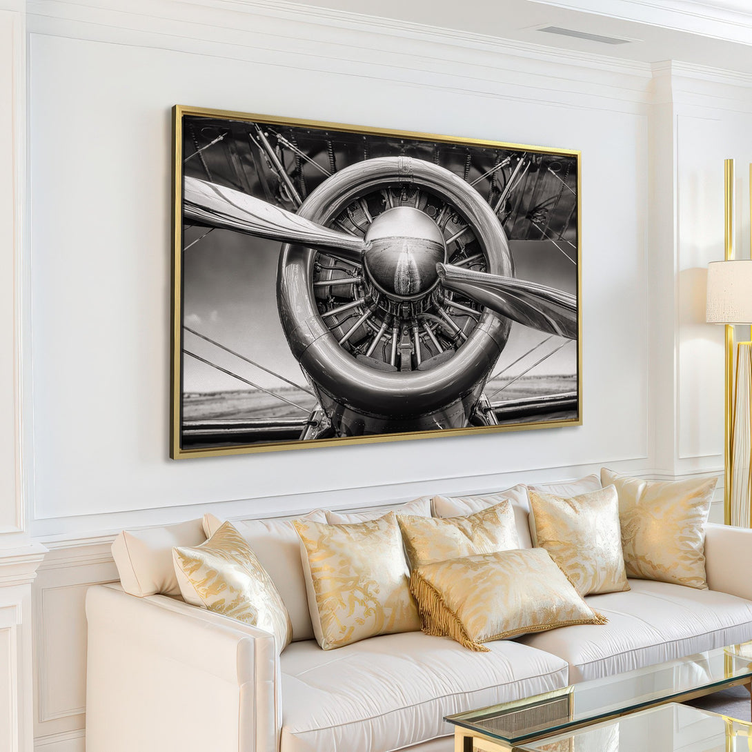 Canvas Print of a vintage airplane propeller in monochrome. Industrial style wall art adds a bold statement to any interior.