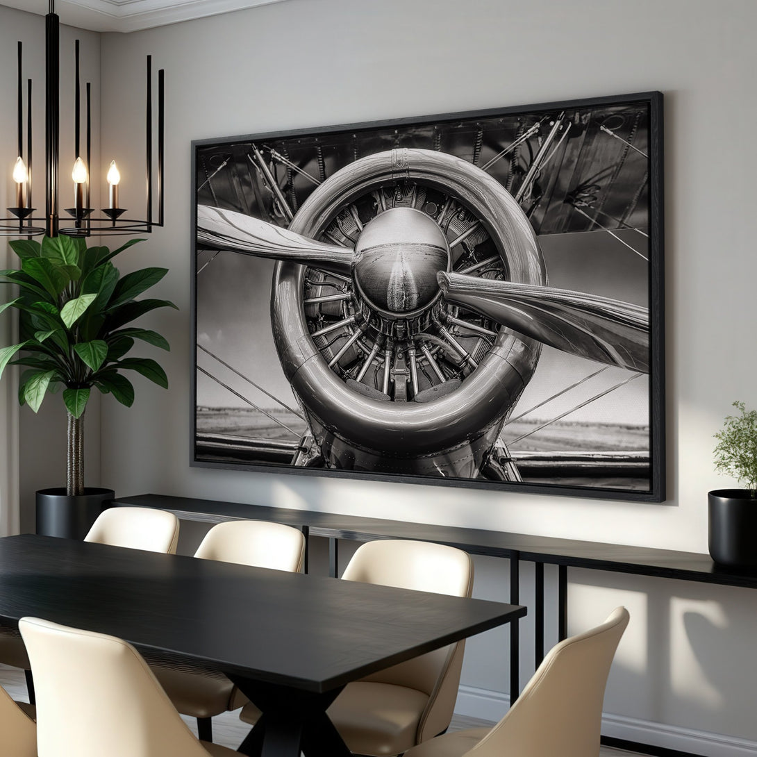 Framed Wall Art: Stunning black and white Canvas Print of a vintage airplane propeller. Perfect for industrial or modern decor.