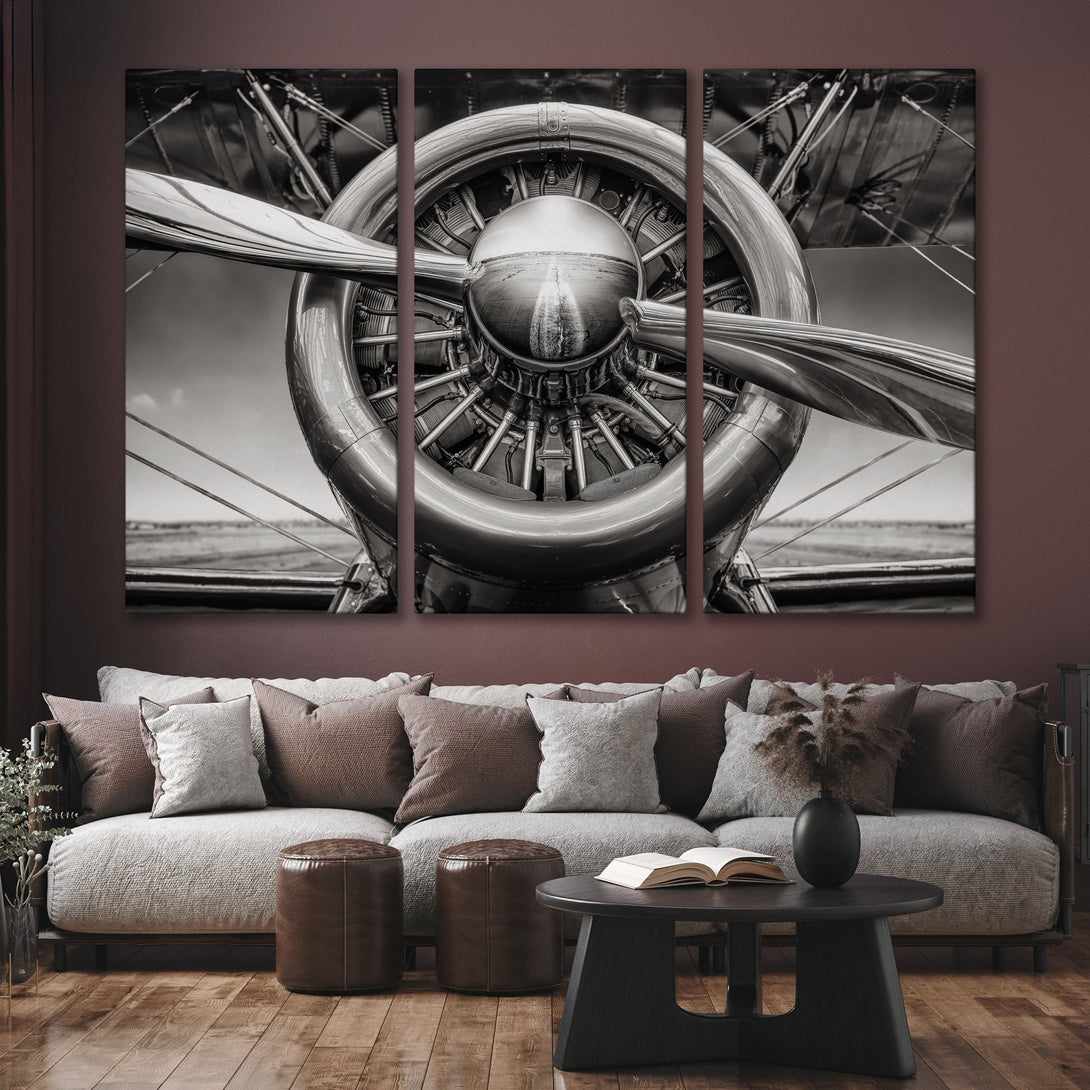 Canvas Print of a vintage airplane propeller in monochrome. Industrial style wall art with a neutral color palette, perfect for any space.
