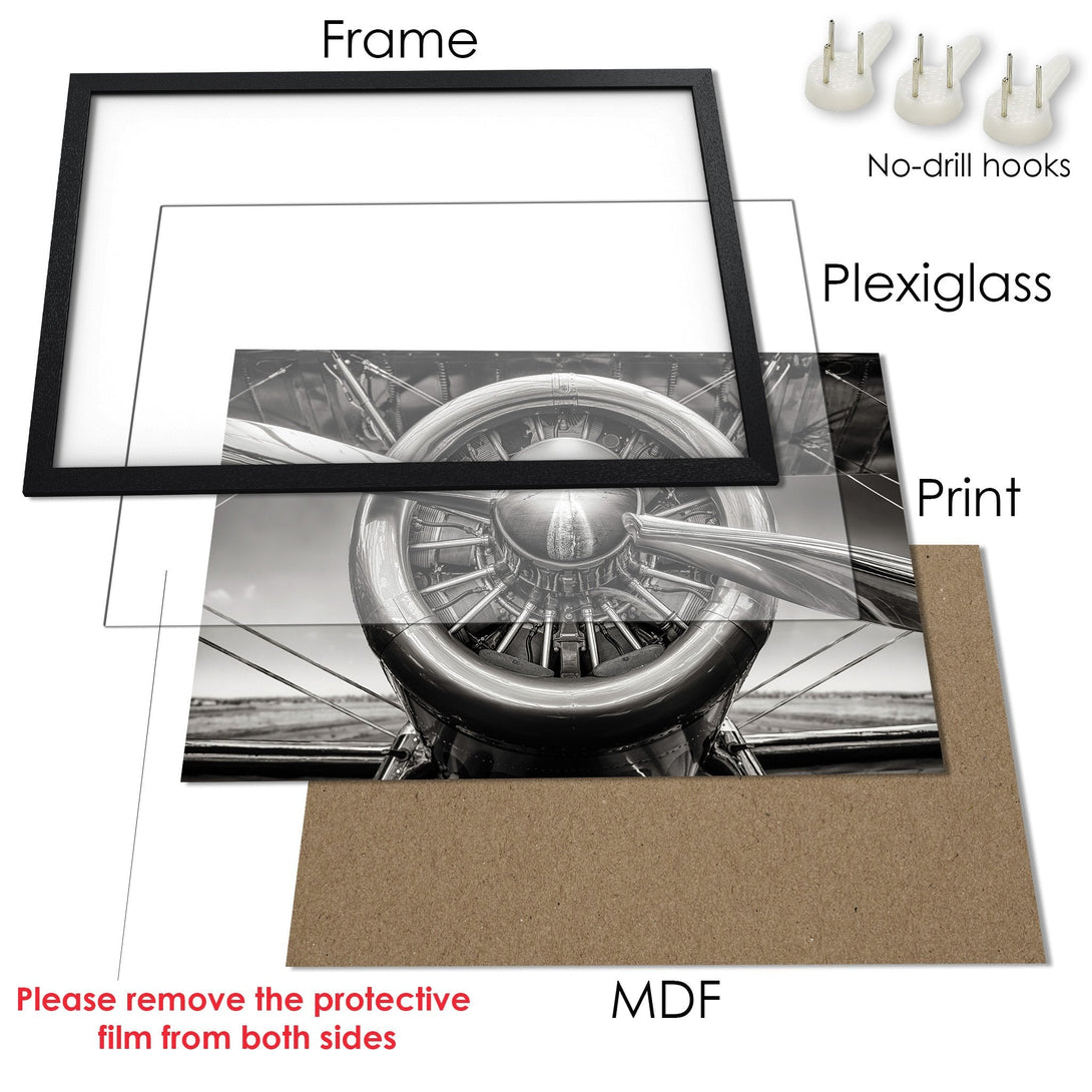 Framed Poster featuring a vintage airplane engine in grayscale. Stylish, classic art print ready to hang!