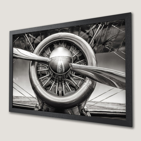 Framed Poster of vintage airplane engine in monochrome. Stunning aviation art for your home decor.