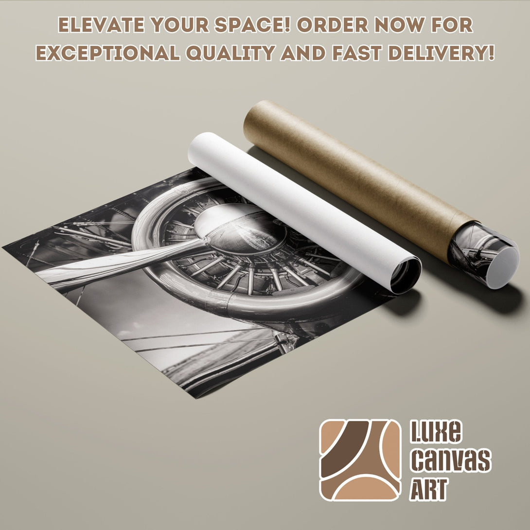 Black and white airplane engine Poster Roll. Modern art, neutral palette, perfect for home decor.
