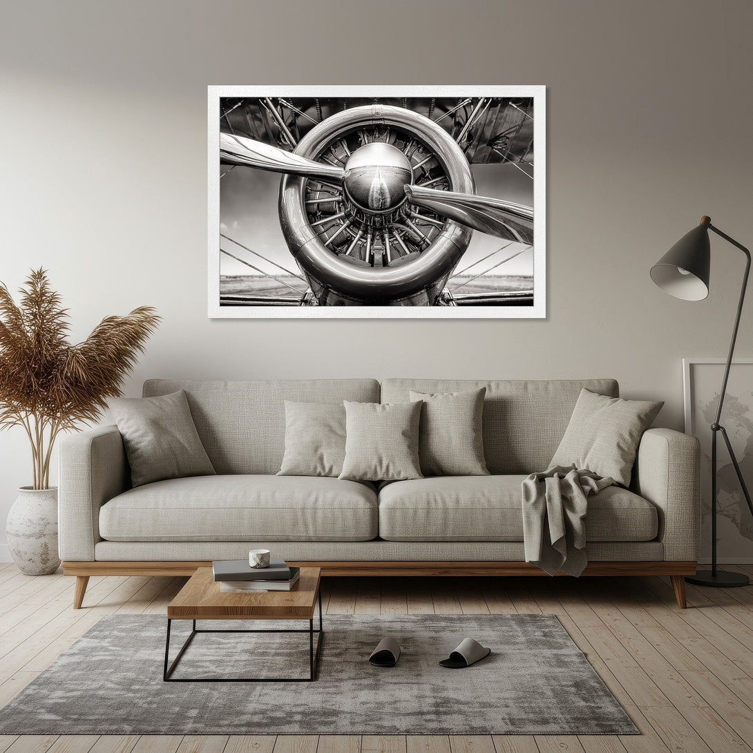 Framed Poster of vintage airplane propeller in monochrome, perfect for modern home decor. Black and white art print.