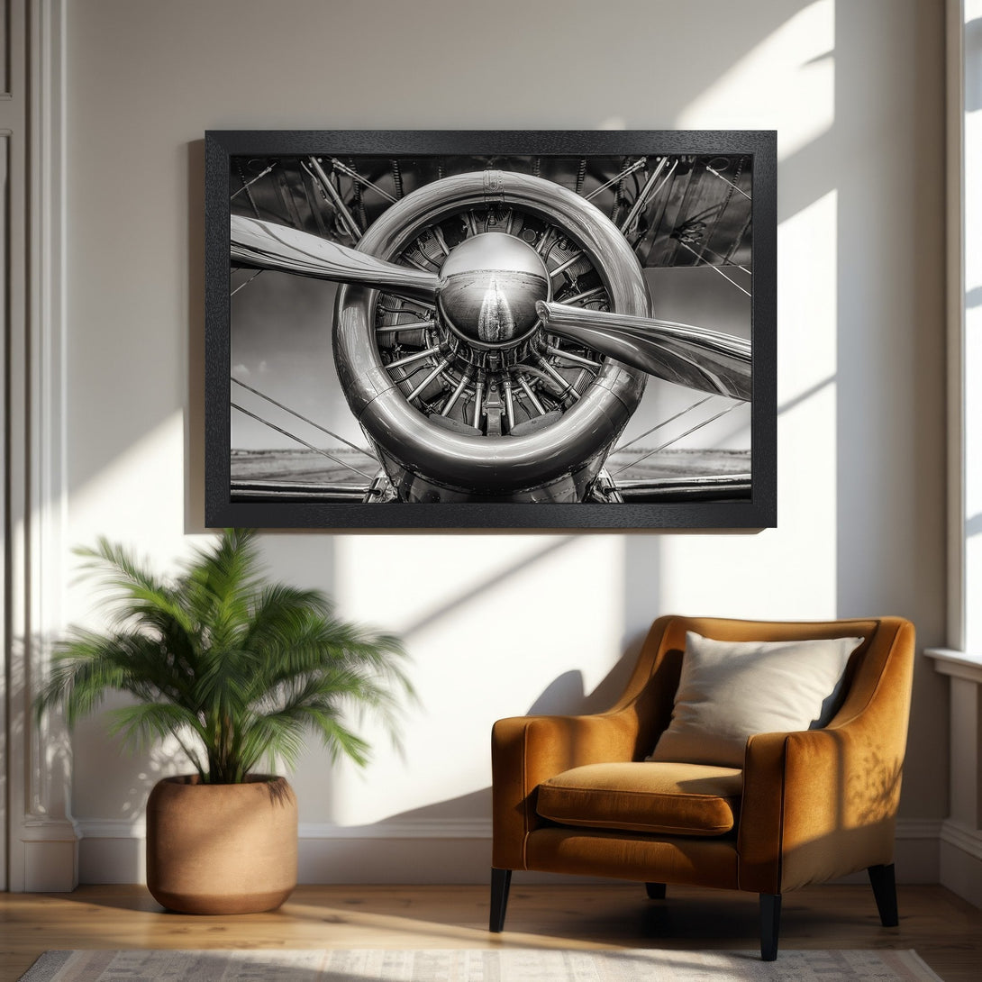 Framed Poster of vintage airplane propeller in black and white. Industrial style art with a monochrome color palette. Perfect for home decor.
