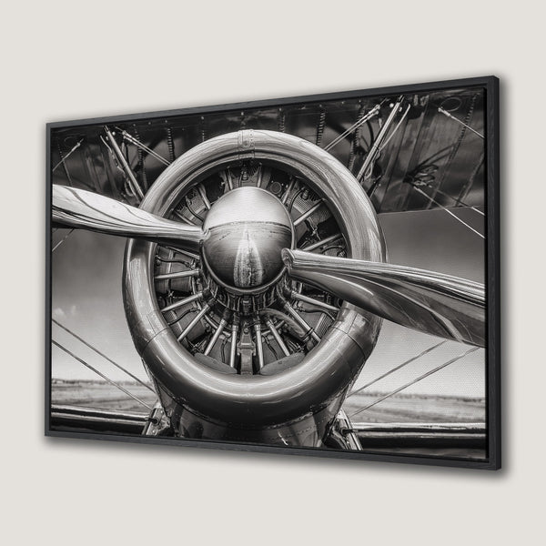 Framed Wall Art: Vintage airplane engine canvas print in striking black and white. A perfect piece for aviation enthusiasts, adding a touch of retro style.