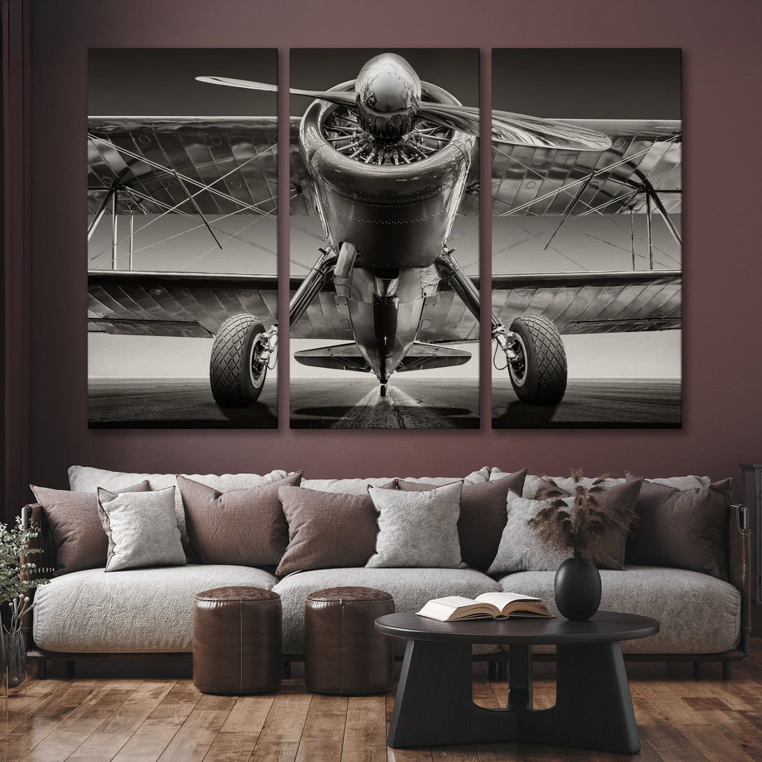 Canvas Print of vintage airplane in sepia tones, perfect for aviation enthusiasts. Stylish wall art for living rooms. Black and white art.