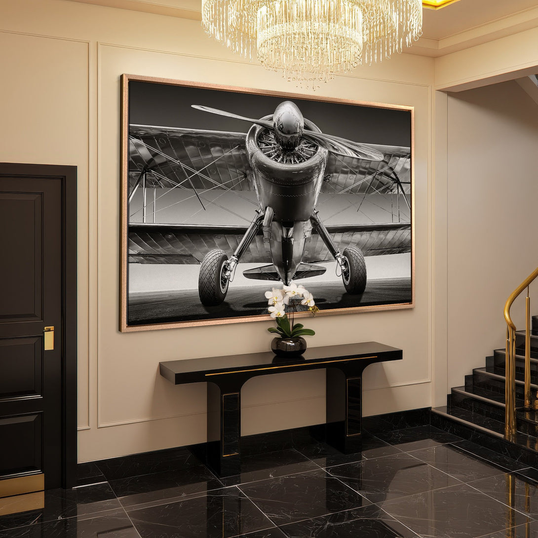 Framed Wall Art: Vintage airplane in black and white. Adds a touch of classic aviation style to any space. Neutral color palette.