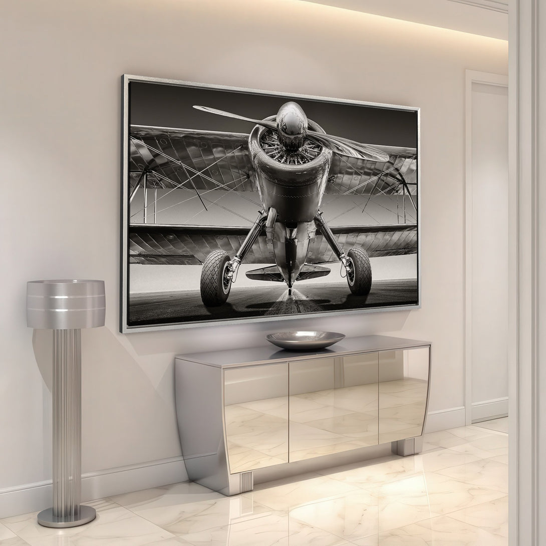 Framed Wall Art: Vintage airplane in black and white. Modern interior decor with a classic aircraft print. Elevate your space with this striking canvas art.