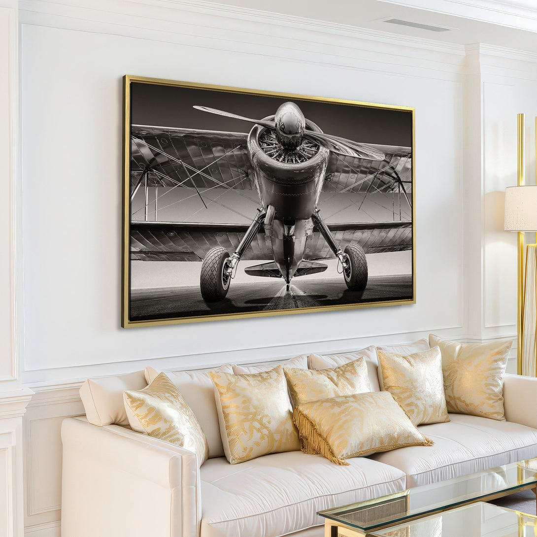 Canvas Print of a vintage airplane in black and white, perfect for aviation enthusiasts. Modern wall art in a neutral color palette.