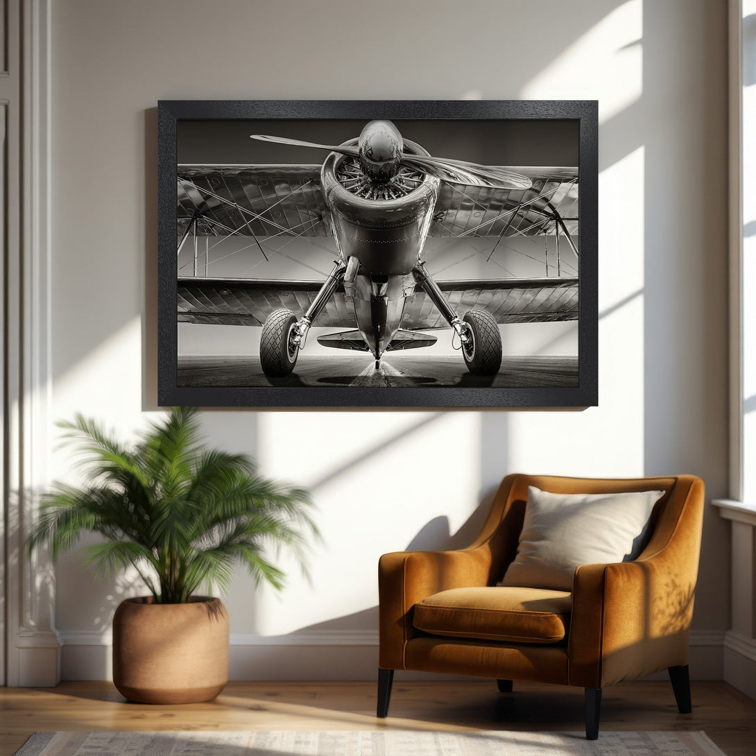 Framed Poster featuring a vintage biplane, monochrome style. Perfect aviation art for your home!