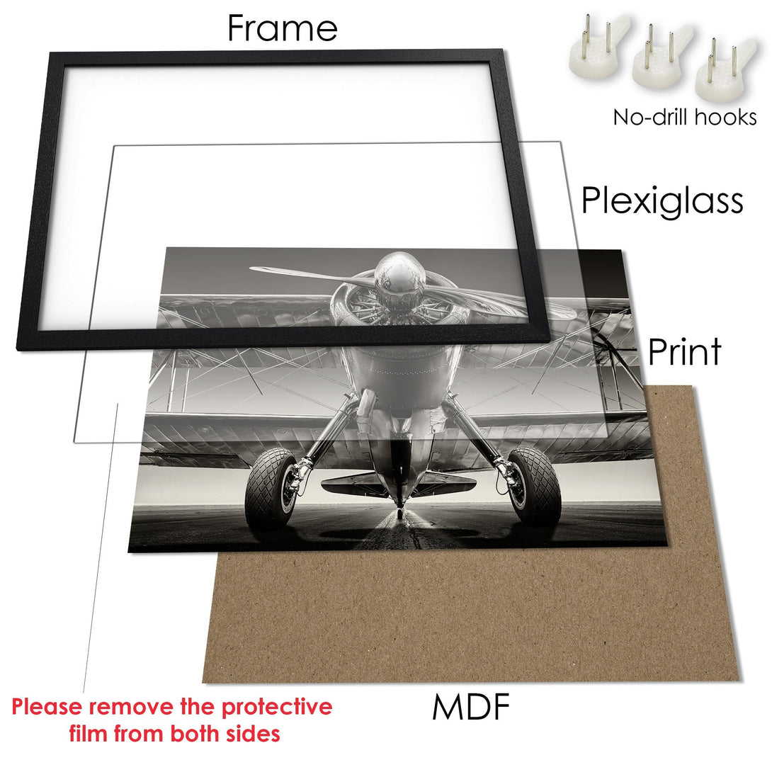Framed Poster of a vintage airplane in monochrome style. Perfect aviation art for your home!