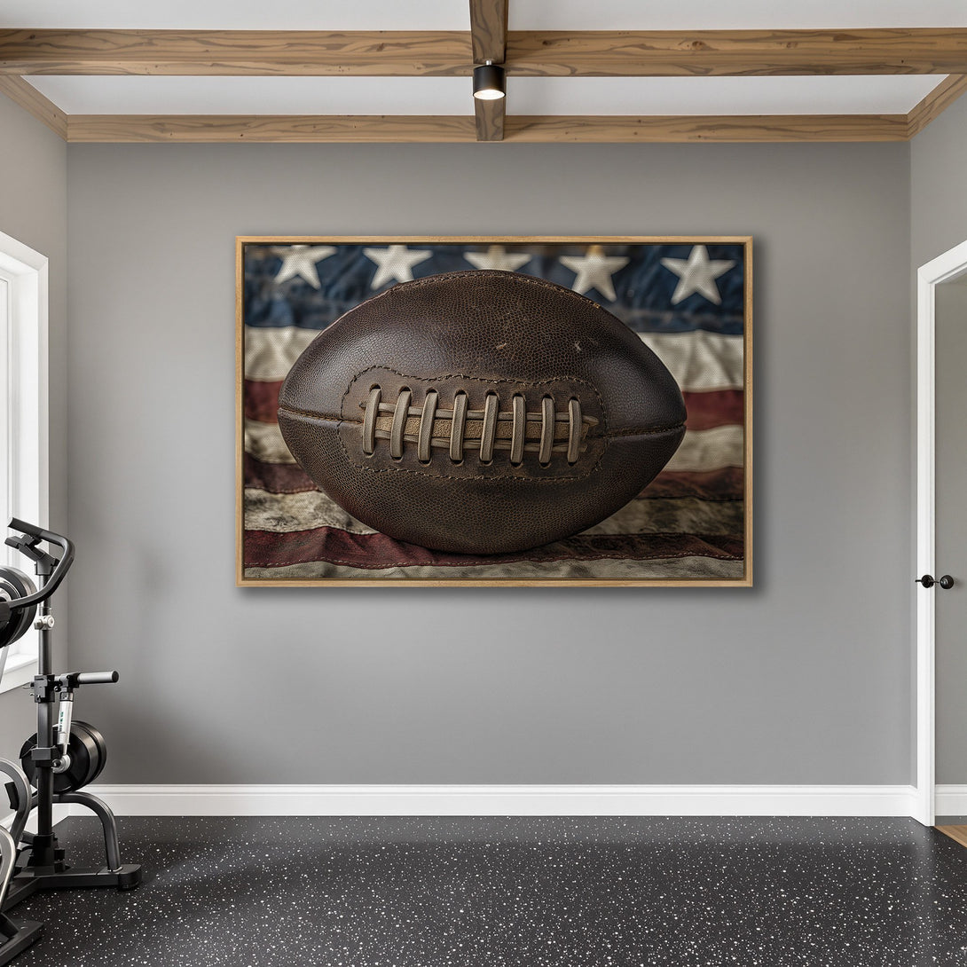 Framed Wall Art: Vintage football canvas print with American flag background. Rustic decor in a neutral color palette. Perfect for sports fans!