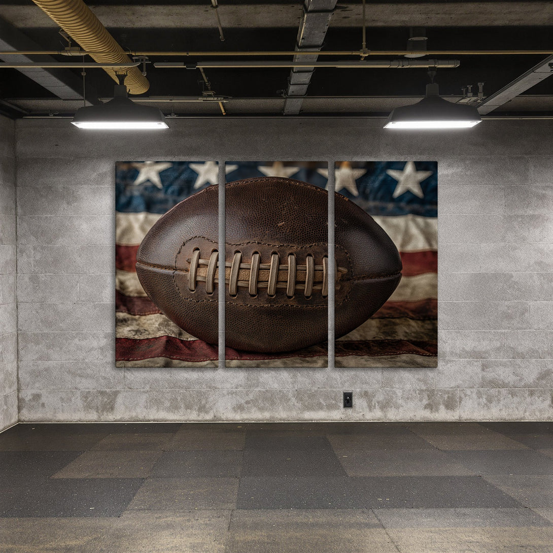 Canvas Print of a vintage football against an American flag, rustic style, warm brown and blue tones. Perfect wall art for your home!