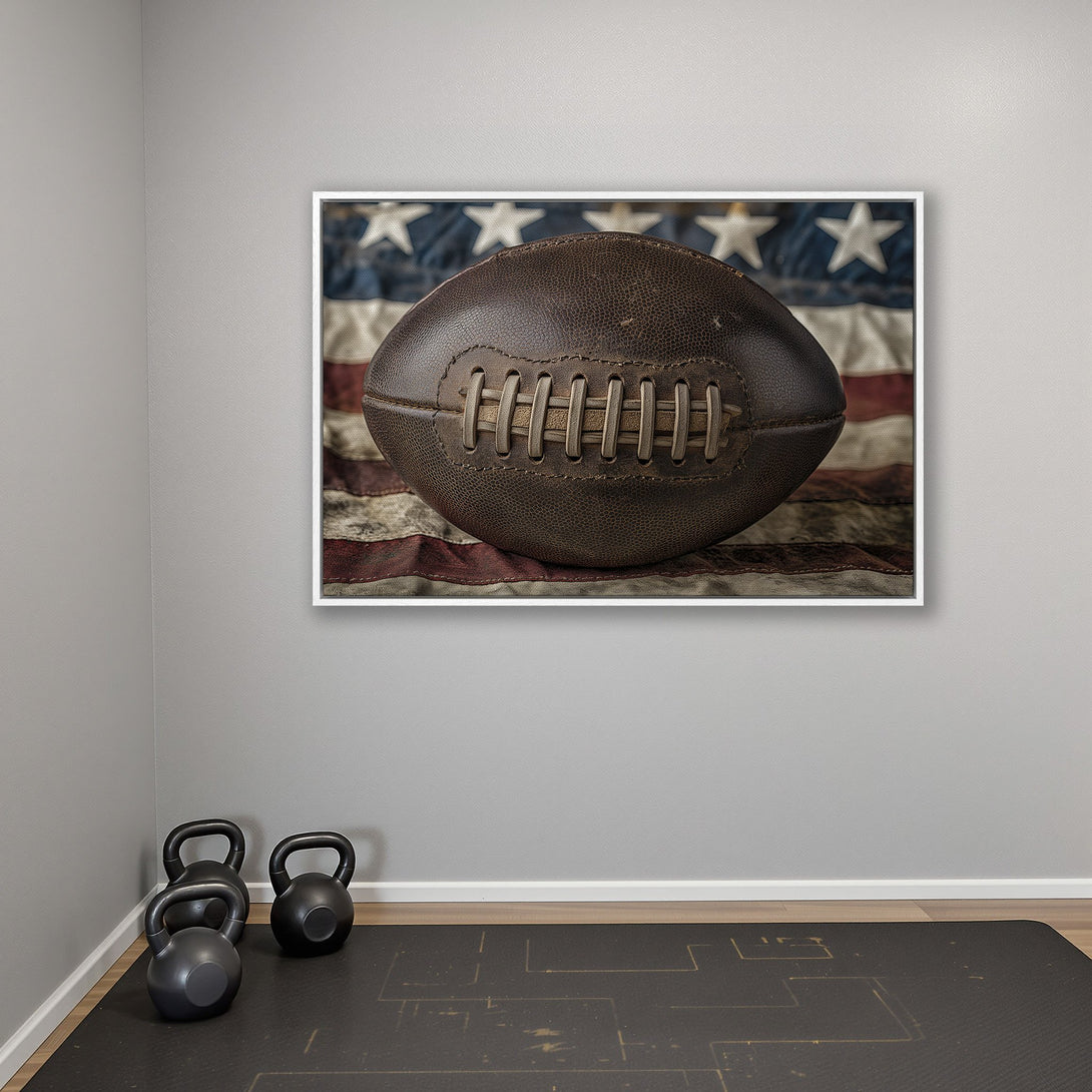 Framed Wall Art: Vintage football on an American flag. Rustic style, warm brown and red tones. Perfect for sports fans!
