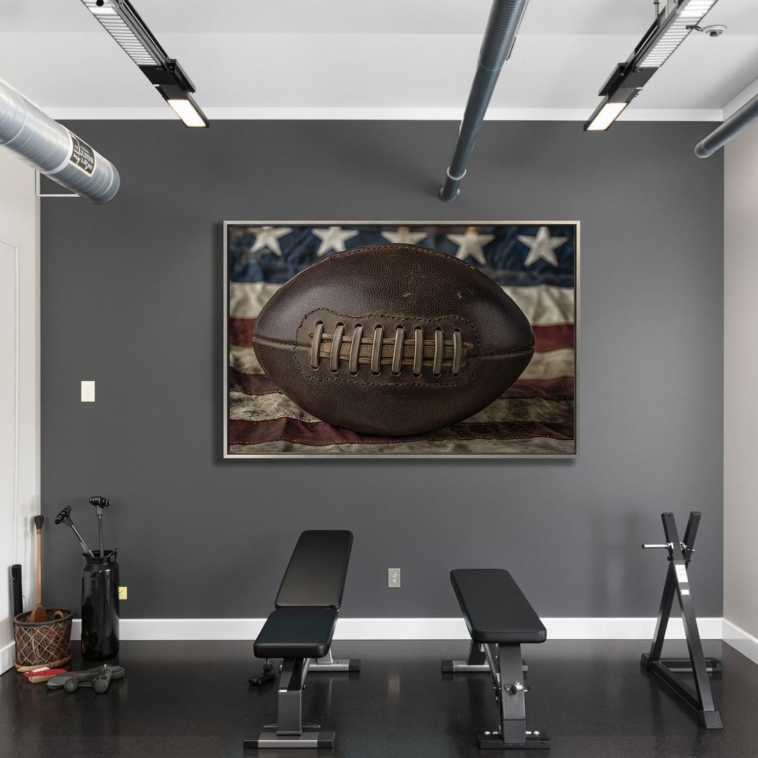 Framed Wall Art: Vintage football over American flag. Rustic style, warm brown and blue color palette. Perfect for a man cave or sports room.