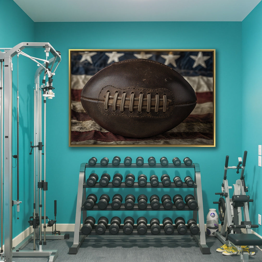 Canvas Print featuring a vintage football on an American flag. Rustic style, warm brown and blue color palette. Perfect wall art for a sports fan.