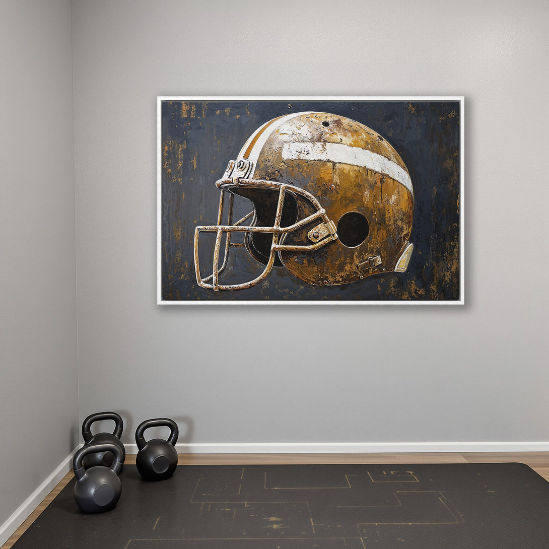 Framed Wall Art: Abstract painting of a football helmet in a rustic style with a dark, earthy color palette. Perfect for sports enthusiasts!