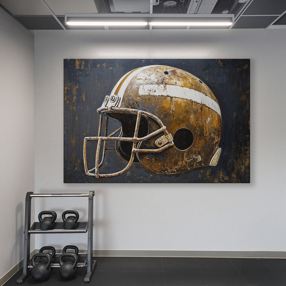 Framed Wall Art: Football helmet canvas print in a modern gym. Abstract style with a brown, white, and black color palette. Elevate your space with sports art!