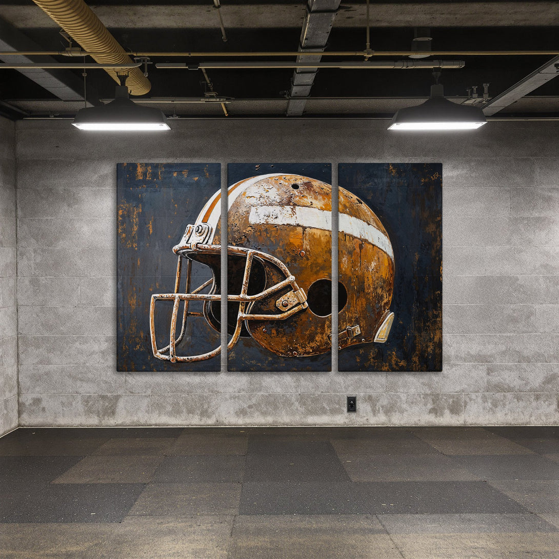 Canvas Print of a vintage football helmet. Rustic, industrial style art with a warm, earthy color palette. Perfect wall decor.