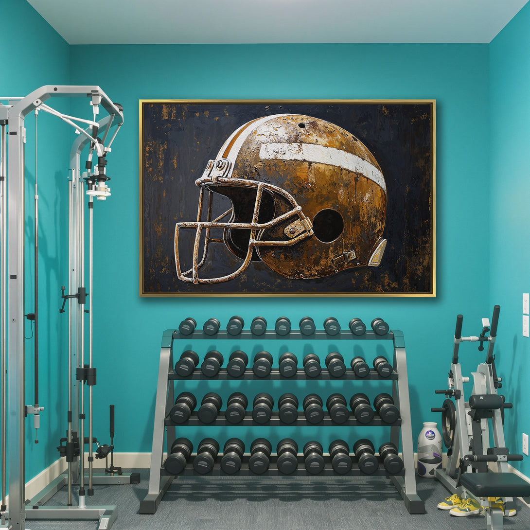 Canvas Print of a vintage football helmet, rustic style with a dark blue and gold color palette. Perfect for sports fans!