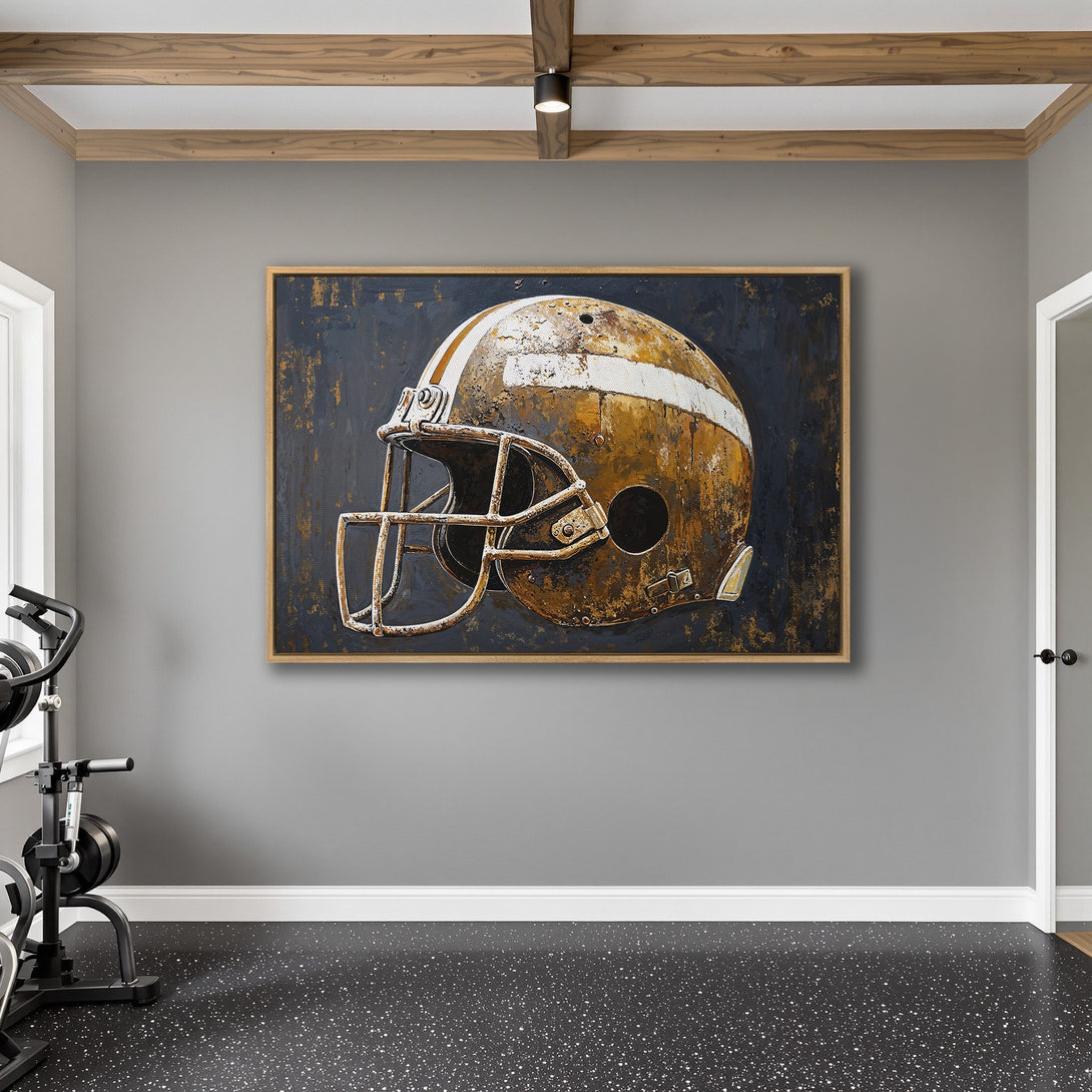Framed Wall Art: Abstract football helmet art in a modern interior. Features a distressed style with brown, white, and navy color palette. Perfect for a sports-themed space.